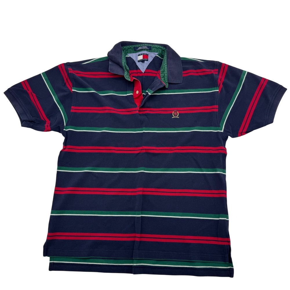 Vintage Tommy Hilfiger Mens L Striped Polo Shirt Navy Red Green‎ Crest Logo 90s